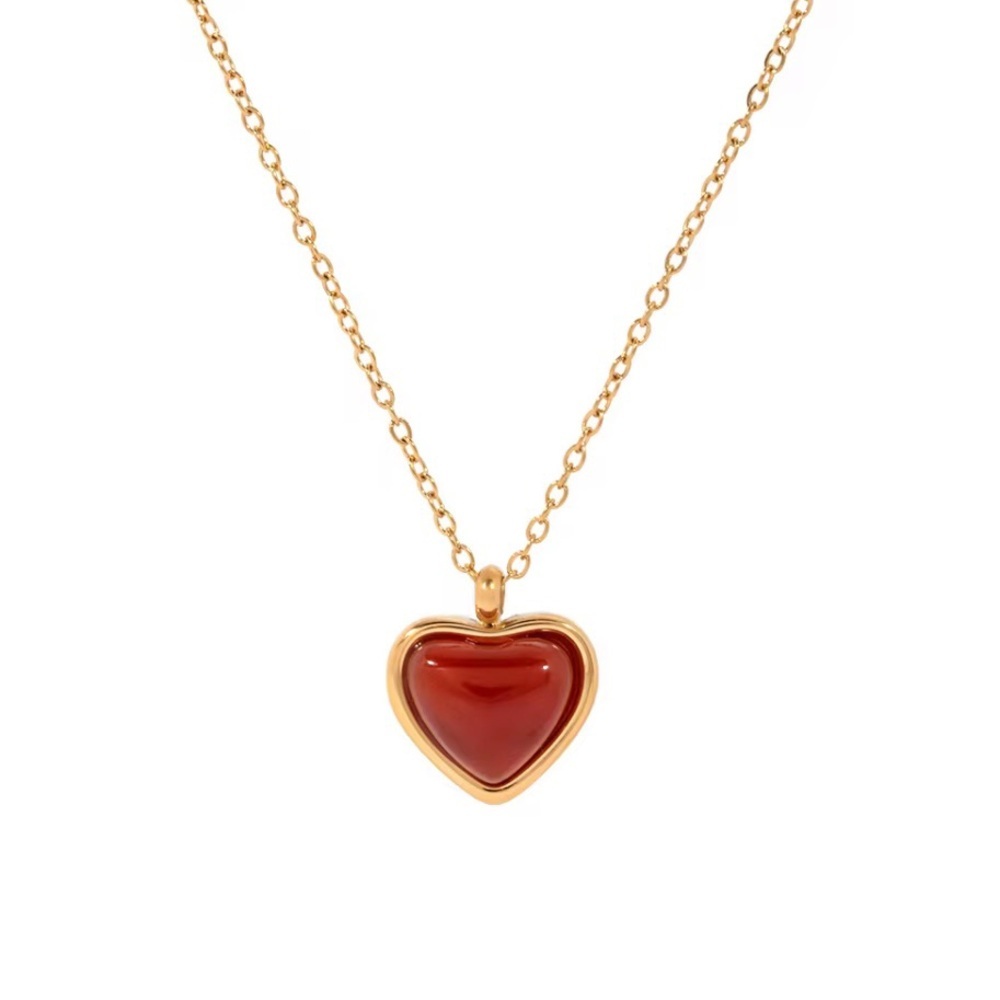 18k Gold Plated Stainless Steel Red Agate Heart Necklace